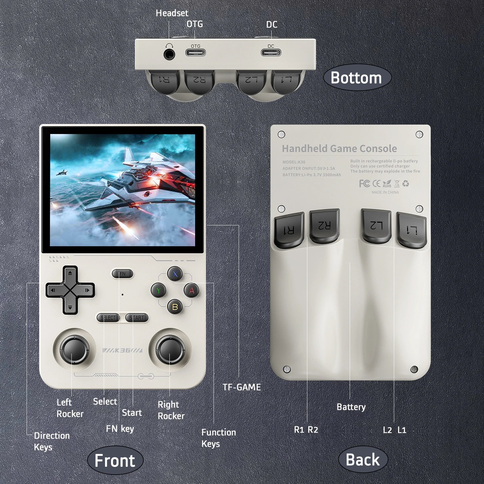 GAMINJA Open Source K36 Retro Handheld Video Game Console 16000 Games Emulator for PS1/PSP/DC/N64/SS 500nit 3.5 Inch IPS Screen